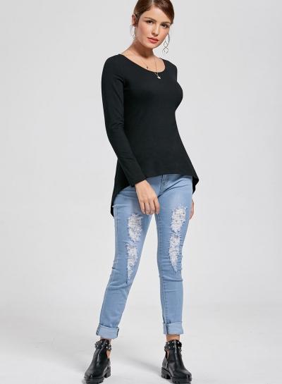 Oasap Long Sleeve Back Lace-up Eyelet Irregular Tee