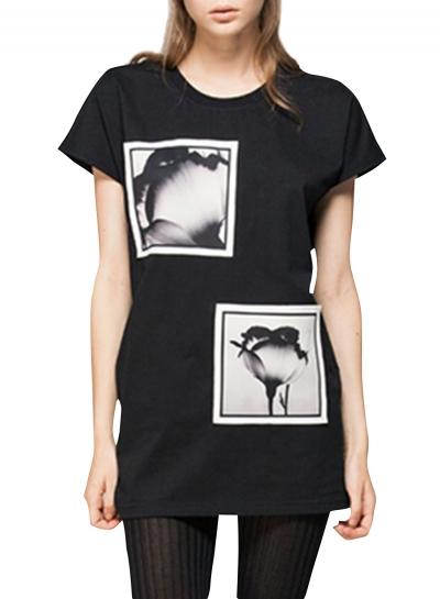Oasap Women's Black Round Neck Short Sleeve Floral Print Tee