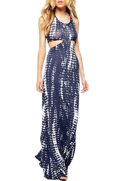 Oasap Women's Abstract Color Block Print Halter Cut Out Waist Maxi Dress
