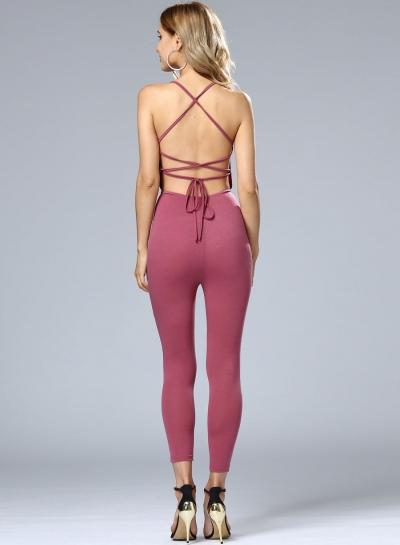 Oasap Spaghetti Strap Lace Up Back Solid Jumpsuit