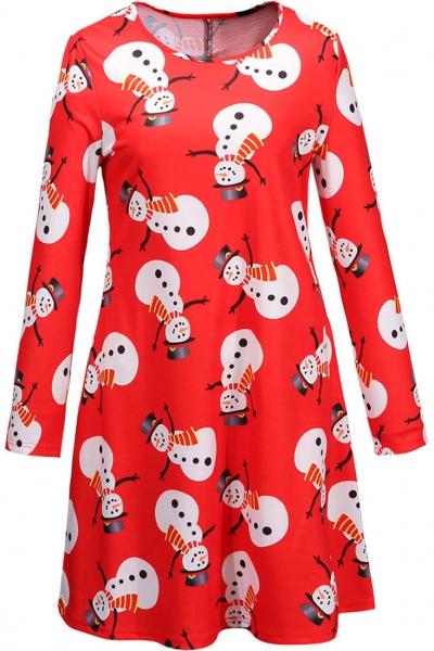 Oasap Modern Round Neck Cartoon Snowmen Pattern Mini Dress