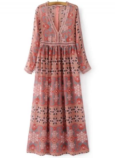 Oasap Deep V Neck Long Sleeve Floral Printed Maxi Beach Chiffon Dress
