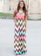 Oasap Scoop Neck Sleeveless Wave Striped Maxi Dresses