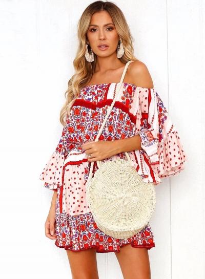 Oasap Boho Floral Flounce Sleeve Off The Shoulder Slash Neck Women Mini Dress