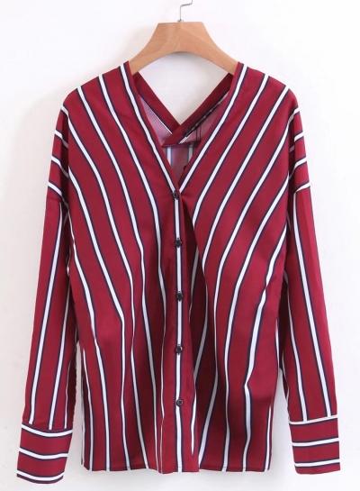 Oasap V Neck Striped Long Sleeve Shirts
