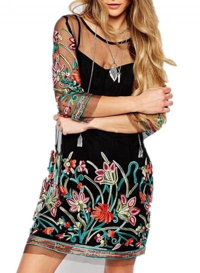 Oasap Fashion Floral Embroidery Mesh Mini Dress