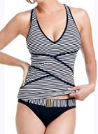 Oasap Round Neck Sleeveless Striped Two Pieces Tankini Swimwear