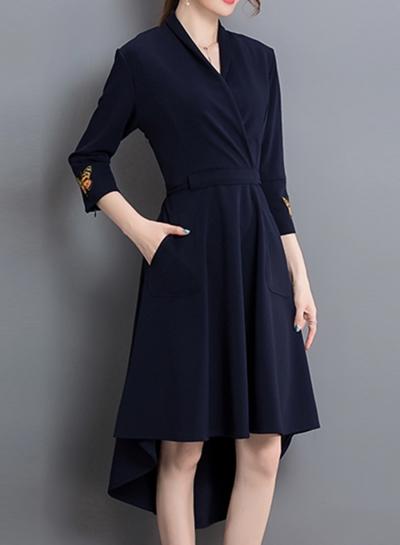 Oasap Butterfly Embroidery 3/4 Sleeve High Low Midi Dress With Pocket