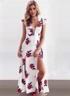Oasap V Neck Ruffle Sleeve Backless Slit Floral Maxi Dress