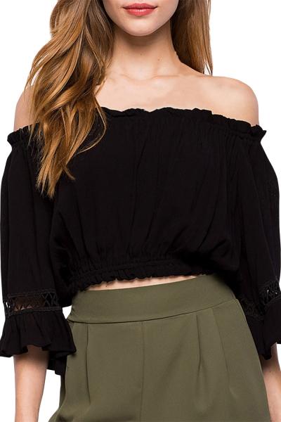 Oasap Women's Black Ruffled Off Shoulder Summer Crop Top Blouse