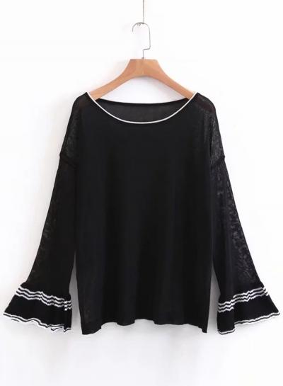Oasap Round Neck Flare Sleeve Solid Color Pullover Sweater