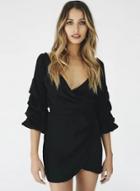 Oasap Solid Color V Neck 3/4 Sleeve Back Bow Ruffle Mini Dress