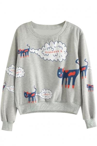 Oasap Cute Cartoon Cat Pattern Round Neck Long Sleeve Sweatshirt