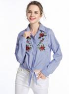 Oasap Turn Down Collar Striped Floral Embroidery Shirts