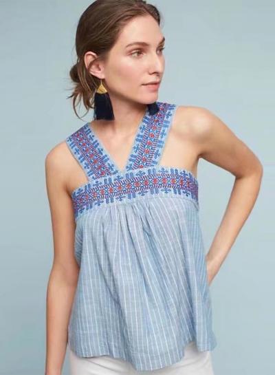 Oasap V Neck Off Shoulder Sleeveless Embroidery Striped Tank