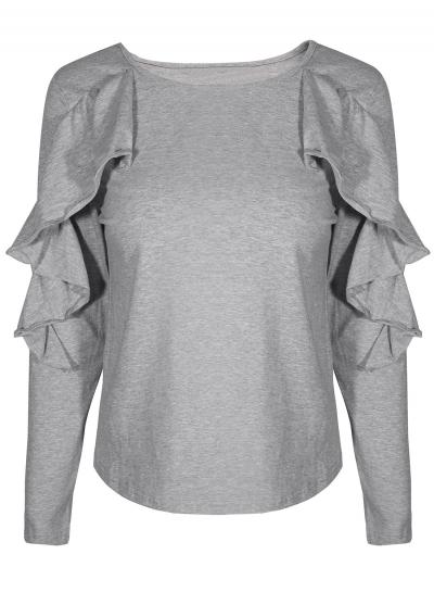 Oasap Round Neck Long Sleeve Flounce Hem Solid Tops