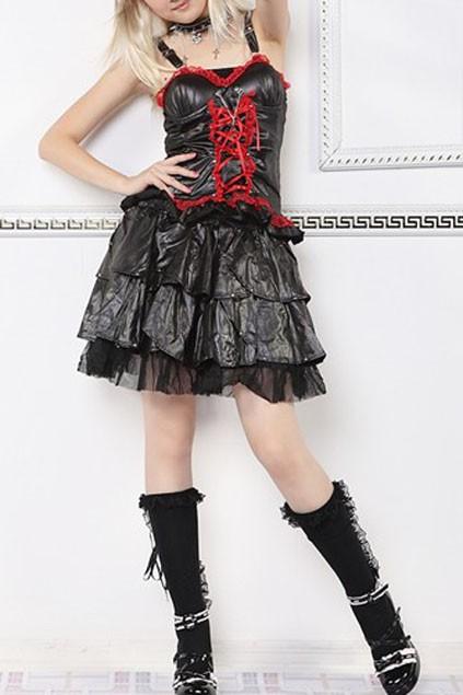 Oasap Gothic Lolita Style Riveted Faux Leather Skirt With Mesh Hem