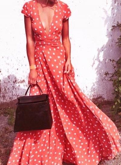 Oasap Boho Polka Dots V Neck Short Sleeve Maxi Dress