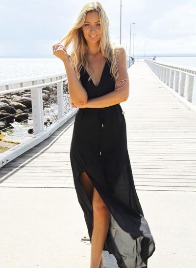 Oasap Irregular Solid Spaghetti Strap V Neck Backless Waist Tie Slit Maxi Dress