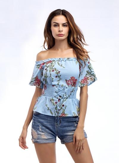 Oasap Chiffon Slash Neck Lace Up Floral Print Blouse