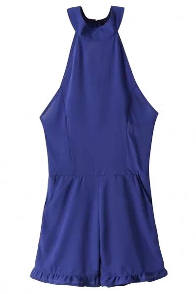 Oasap Royal Blue Halter Neck Backless Rompers