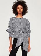 Oasap Round Neck Lantern Sleeve Plaid Blouse With Belt