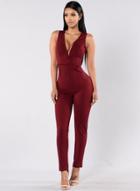 Oasap Deep V Neck Lace Up Back Sleeveless Jumpsuit