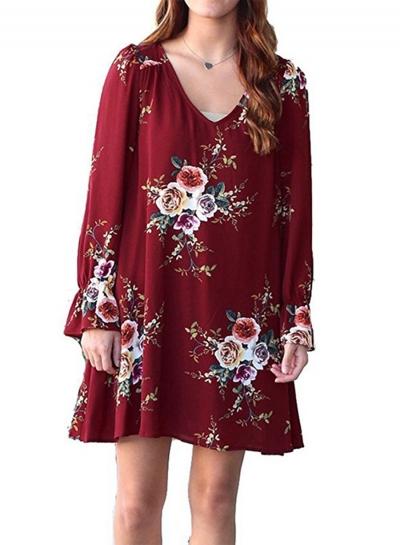 Oasap Boho V Neck Long Sleeve Backless Loose Floral Dress