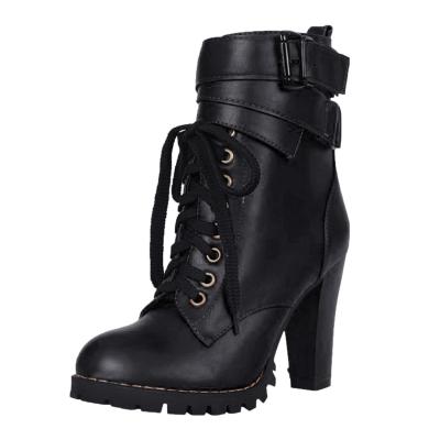 Oasap Casual High Heels Buckle Strap Lace Up Boots