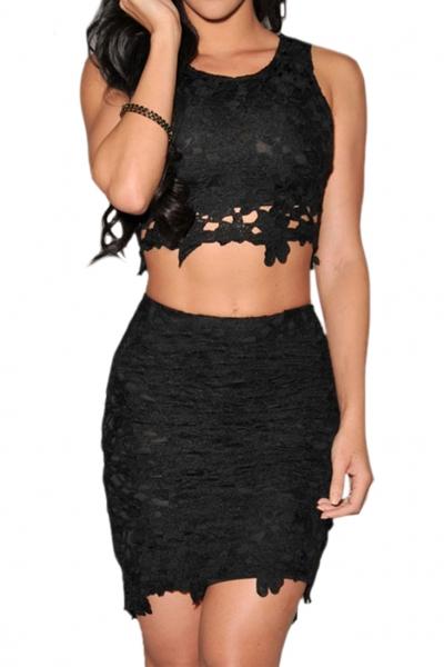 Oasap Black Graceful Sexy Two-piece Lace Skirt Set