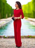 Oasap Solid 3/4 Sleeve Backless Wide-leg Jumpsuit