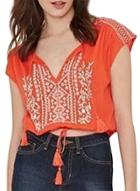 Oasap Women's Fashion Tie Neck Short Sleeve Embroidery Detail Top