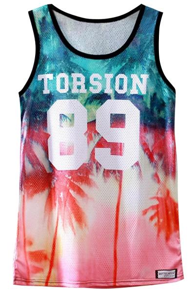 Oasap Casual Coconut Palm Print Eyelet Contrast Trim Tank