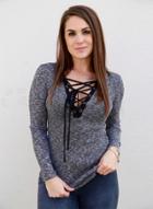 Oasap Deep V Neck Long Sleeve Lace Up Top