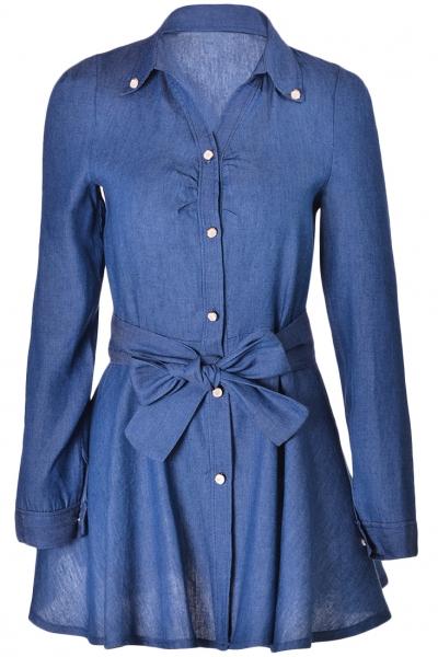 Oasap Stand Collar Button Front Bow Waist Denim Dress
