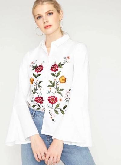 Oasap Turn-down Collar Flare Sleeve Floral Embroidery Button Down Shirt