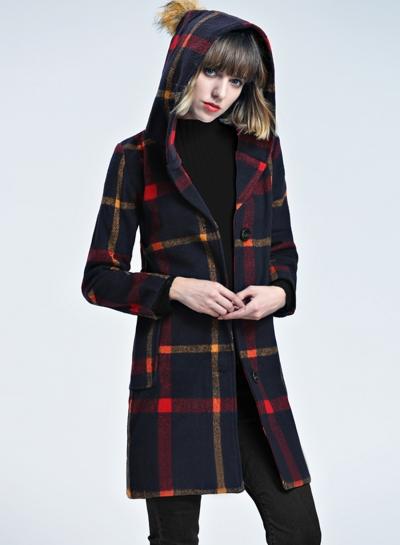 Oasap Hooded Long Sleeve Plaid Wool Coat With Belt