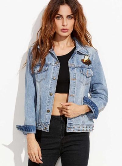 Oasap Women's Blue Embroidered Studs Detail Denim Jacket