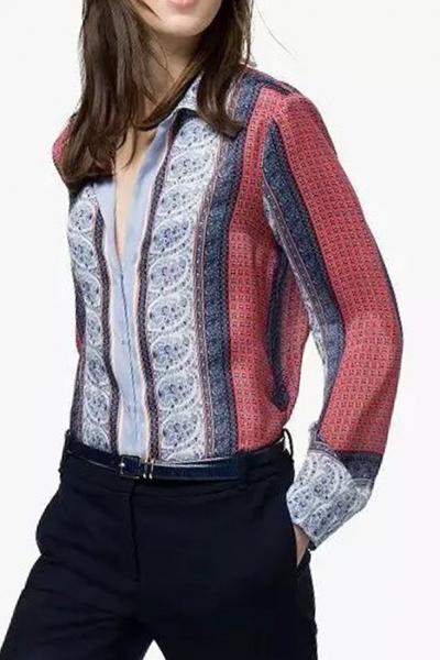 Oasap Classic Tribal Print Button Down Blouse