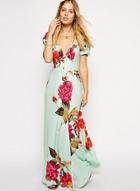 Oasap Elegant V Neck Floral Printing Maxi Dress