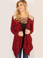 Oasap Open Front Long Sleeve Plaid Asymmetric Design Coat