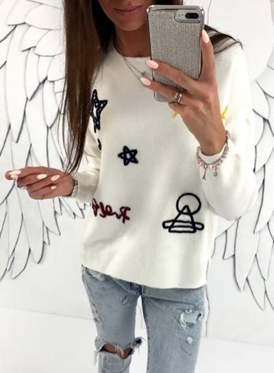 Oasap Round Neck Long Sleeve Embroidery Knit Sweatshirt