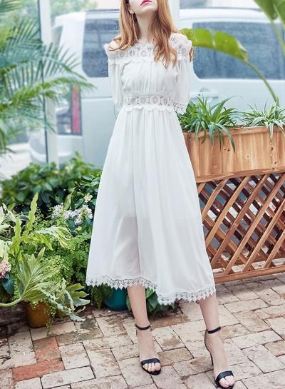 Oasap Slash Neck Lace Panel Slim Chiffon Midi Dress