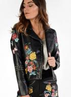Oasap Turn Down Collar Long Sleeve Floral Embroidery Pu Leather Jacket