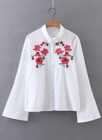 Oasap Turn Down Collar Floral Embroidery Flare Sleeve Shirts