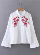 Oasap Turn Down Collar Floral Embroidery Flare Sleeve Shirts