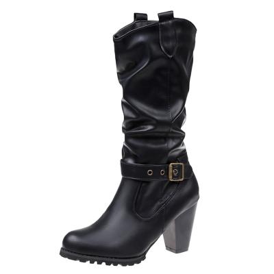 Oasap Solid Color Round Toe High Heels Slip-on Mid-calf Boots
