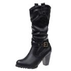 Oasap Solid Color Round Toe High Heels Slip-on Mid-calf Boots
