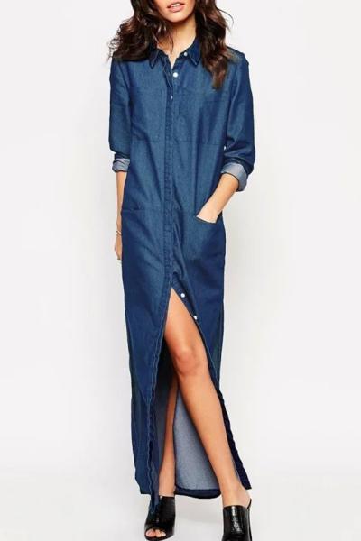 Oasap Vintage Side Slit Button Front Denim Dress