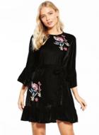 Oasap 3/4 Sleeve Floral Embroidery Velvet Dress With Belt